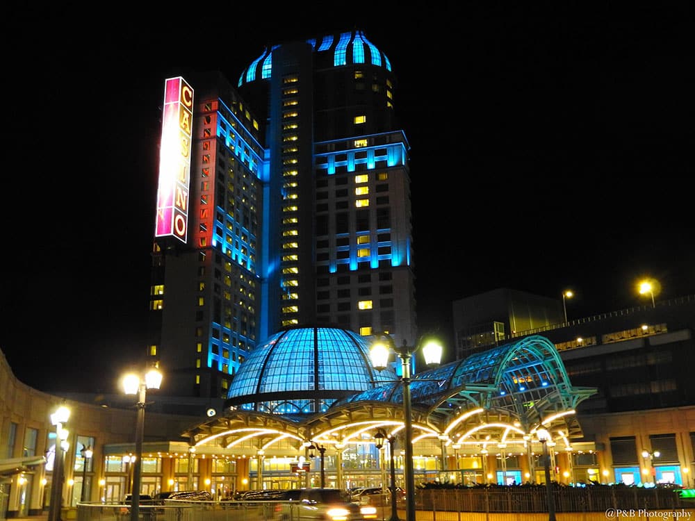 Casino Niagara is lighted by blue lamps